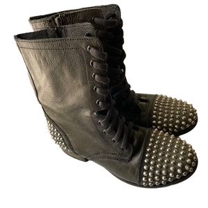 Steve Madden Tarnney Grey Leather Studded Lace-Up Combat Boots